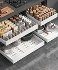 Image of 4 Pack White Pull Out Cabinet Organizers 21 Inch Deep Adjustable Width, featuring smooth glide shelves and kitchen storage.