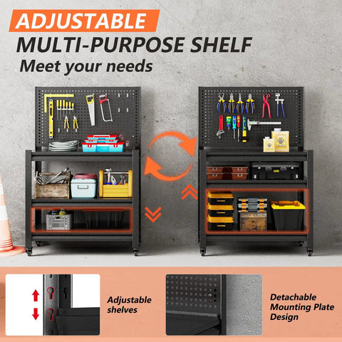 Sturdy Ultra Beefed Up Heavy Duty Workbench With Pegboard Mobile Locking Wheels And Adjustable Shelves For Garage Workshop Or Office