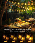 Backyard garden with 100 Foot Outdoor String Lights ST38 Shatterproof LED Bulbs Dimmable And Waterproof over a dining table