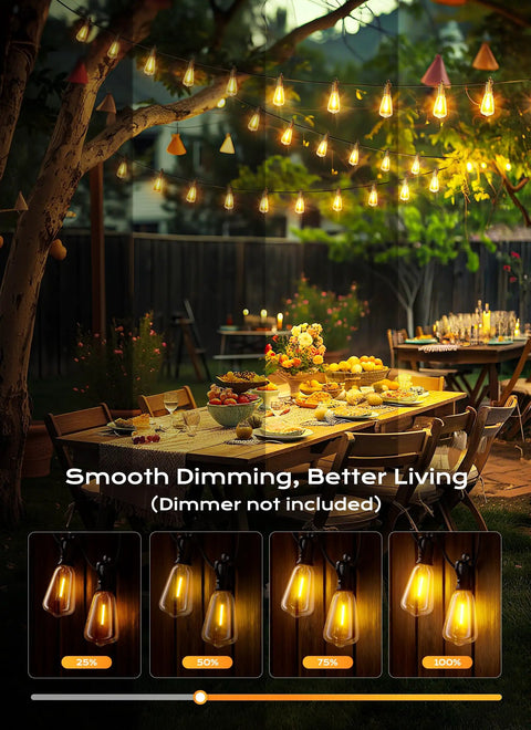 Backyard garden with 100 Foot Outdoor String Lights ST38 Shatterproof LED Bulbs Dimmable And Waterproof over a dining table