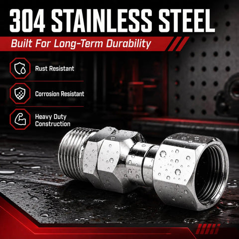 Pro Grade M22 14mm Pressure Washer Swivel Fittings 2 Pack Universal Hose And Gun Connection 304 Stainless Steel Heavy Duty Industrial Strength 5000 PSI Cold Forged Salt Spray Tested, 304 stainless steel close-up
