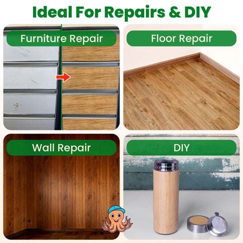 Dark Walnut Wood Grain Repair Tape Slaps Those Nasty Furniture Scratches Dead Flat Instantly With This Heckin Simple Self Adhesive Vinyl Sticker Fix For Cabinets And Tables showcased for furniture, floor, wall, and DIY repairs.