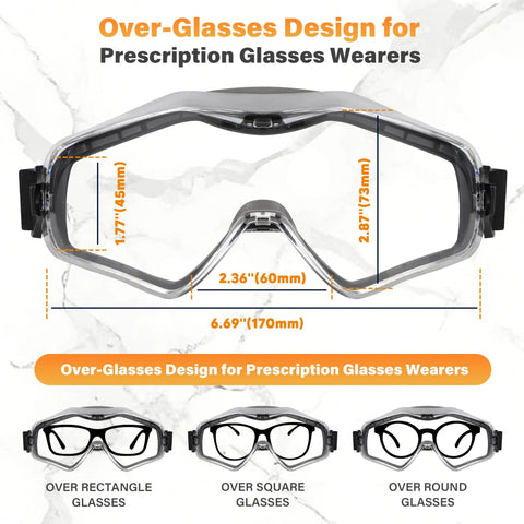 Over Glasses Safety Goggles With Panoramic Lens Anti Fog And Scratch Resistant ANSI Z87.1 Eye Protection dimensions
