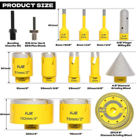 Pro Grade Vacuum Brazed Diamond Hole Saw Kit For Porcelain Tile Granite Marble And Stone 15 Piece Set with various bit sizes