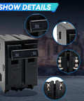 Job Site Workhorse 50 Amp Two Pole Circuit Breaker Snap In Mount fits standard load centers, showing detailed views of its construction.