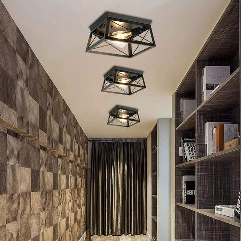 Two Light Flush Mount Ceiling Light Fixture In Matte Black With Open Cage Metal Frame, Modern Industrial Style in hallway