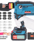Electric Hydraulic Cable Lug Crimping Tool Kit For 12 AWG To 2/0 AWG Terminals, Battery Powered Crimper With 20 Dies shown.