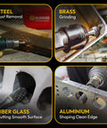 BLENCEE tungsten carbide burr set on an angle grinder for steel rust removal, front view, 6.35mm shank
BLENCEE tungsten carbide burr in a tool holder grinding brass, side view, 6.35mm shank
BLENCEE tungsten carbide burr for fiber glass cutting, close-up view, 6.35mm shank
BLENCEE burr shaping aluminum with clean edge, installed view, 6.35mm shank