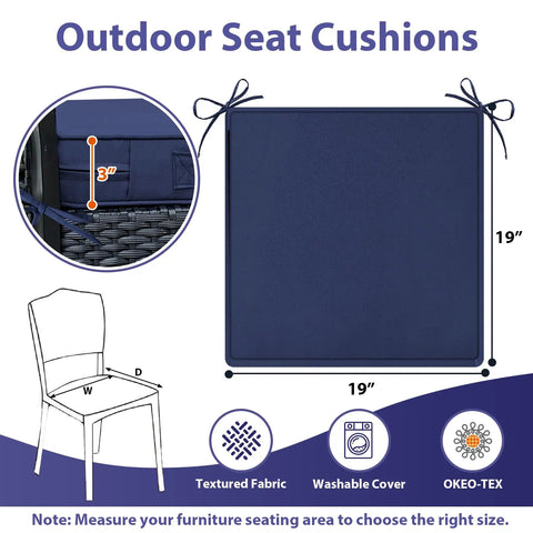 Diagram of All Weather Outdoor Chair Cushions Set Of Four With Ties And Handles Square 19 By 19 By 3 Inches Navy Blue Cushions For Patio Furniture.