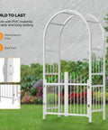 Garden Arbor With Gate PVC Frame Trellis Arch For Climbing Plants Outdoor Wedding Backdrop White Vinyl Pergola standing in rain