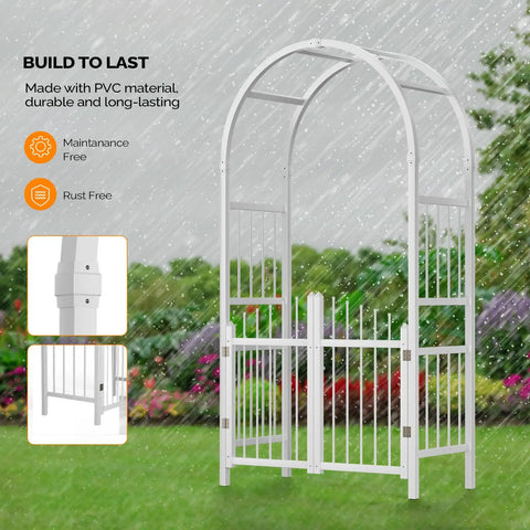 Garden Arbor With Gate PVC Frame Trellis Arch For Climbing Plants Outdoor Wedding Backdrop White Vinyl Pergola standing in rain