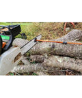 Heavy Duty Telescopic Firewood Measuring Stick With Super Strong Magnets For Fast Wood Cutting and Dang Easy Log Marking Yard Tool For Outdoor Campfire Prep and Homestead Wood Piles on a log next to a chainsaw.