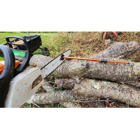 Heavy Duty Telescopic Firewood Measuring Stick With Super Strong Magnets For Fast Wood Cutting and Dang Easy Log Marking Yard Tool For Outdoor Campfire Prep and Homestead Wood Piles on a log next to a chainsaw.