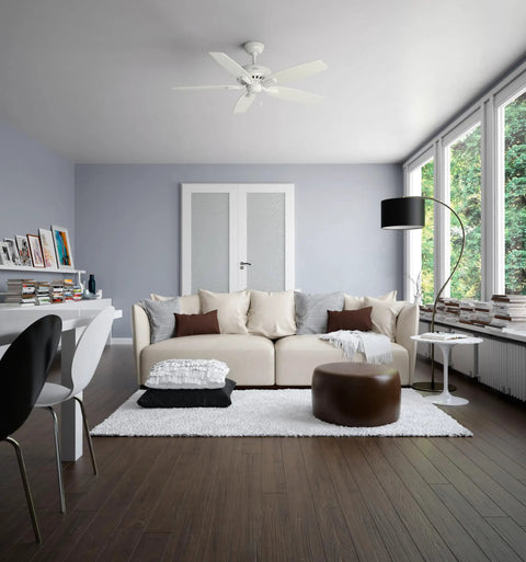52 Inch Indoor Ceiling Fan No Light With Pull Chain White Finish Five Blades Standard Mount in modern living room