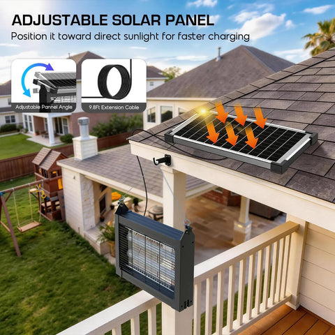 Cordless Solar Bug Zapper With USB Recharge No Fuss 4500V High Power Mosquito Killer installed on a balcony with solar panel on roof