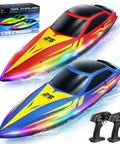 2-Pack RC Boats For Pool And Lake Fun With 2 Controllers, 2.4GHz Remote, vibrant LED lights, and colorful design on a white background