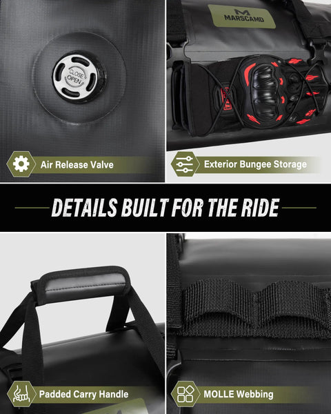 Details of the Waterproof Motorcycle Dry Bag 60L with roll top, air release valve, bungee storage, padded handle, and MOLLE webbing.