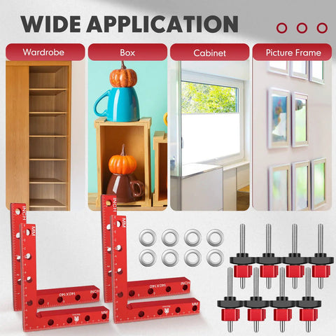 90 Degree Corner Clamp Set With Aluminum Right Angle Squares 4 Clamps And 4 Squares for cabinet, wardrobe, box, picture frames