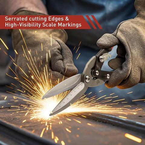 12 Inch Aviation Snips For Long Straight Cuts In Tin And Metal Sheets Heavy Duty CR MO Metal Cutters Scale Markings Close-up