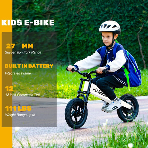 Electric Balance Bike For Kids 12 Inch Pneumatic Tires With 150W Peak Motor And 24V Battery 6 Mile Range Suspension Fork Adjustable Seat Kid Friendly Learn To Ride Toy For Ages 3 To 8, child riding outdoors