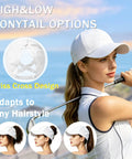 Woman golfing wearing Criss Cross Ponytail Baseball Cap For Women, Adjustable High Messy Bun Sun Hat, white cap side view