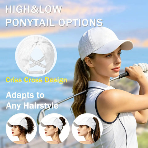 Woman golfing wearing Criss Cross Ponytail Baseball Cap For Women, Adjustable High Messy Bun Sun Hat, white cap side view