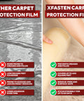 Comparison of XFasten Carpet Protection Film and other brands, showing features like adhesive quality and ease of use on carpet.