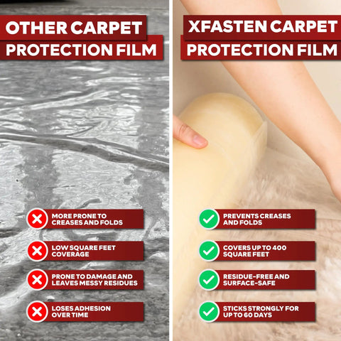 Comparison of XFasten Carpet Protection Film and other brands, showing features like adhesive quality and ease of use on carpet.