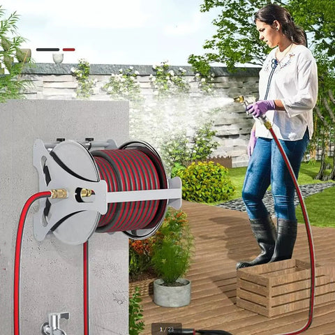 Heavy Duty Stainless Steel Wall Mount Garden Hose Reel With Smart Storage Shelf And Versatile Spray Gun Delivers No Drama Watering And Total Backyard Flex in use with a woman watering plants.