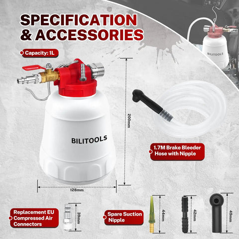 One Person Brake Bleeder Vacuum Pump Kit For Cars And Trucks With Adapters Air Compressor Powered Brake Fluid Bleeder System parts displayed