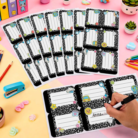 144 Piece Composition Name Tag Stickers for Students Classroom Decor in Six Styles, White and Black, 2.6 by 3.5 Inches with writing