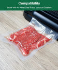 Heavy Duty Food Saver Vacuum Bags 11 Inch Wide Roll 16 Feet Long Custom Size 3 Pack with steak sealed in vacuum bag on countertop