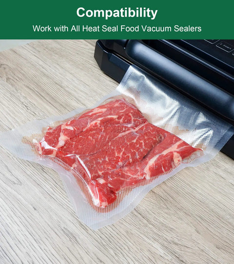 Heavy Duty Food Saver Vacuum Bags 11 Inch Wide Roll 16 Feet Long Custom Size 3 Pack with steak sealed in vacuum bag on countertop