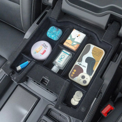 Center Console Organizer Upgrade With Flocked Liner For Dodge Ram 1500 2500 3500 From 2019 Through 2026 with accessories in tray