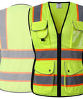 Nine Pockets Women Hi Vis Reflective Safety Vest Mesh Neon Yellow With Reflective Strips And Orange Extended Trims ANSI Compliant