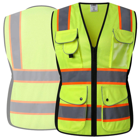 Nine Pockets Women Hi Vis Reflective Safety Vest Mesh Neon Yellow With Reflective Strips And Orange Extended Trims ANSI Compliant