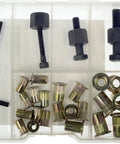 Pro Grade Rivet Nut And Hand Tool Kit with 26 piece tray showcasing rivet nuts, bolts, and wrench for auto body and metalwork.