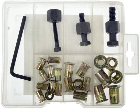 Pro Grade Rivet Nut And Hand Tool Kit with 26 piece tray showcasing rivet nuts, bolts, and wrench for auto body and metalwork.
