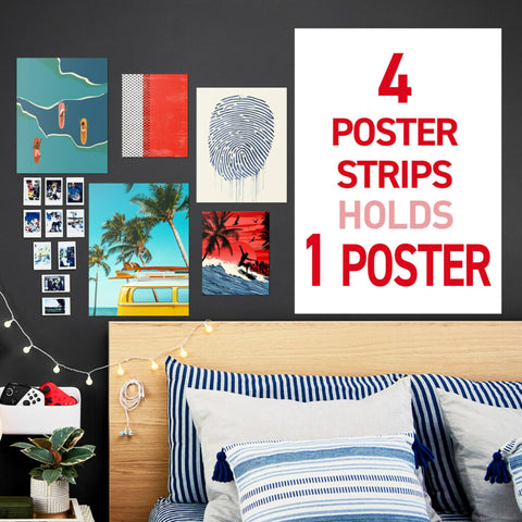 Damage Free Poster Strips Value Pack With 60 Strips Holds Up To 30 Posters on wall in room decor setting above bed