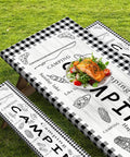 Three Piece Picnic Table Cover Set With Bench Covers, Elastic Edges, Farm Plaid Fitted Tablecloth, 72 Inch Outdoor Patio Camping Essentials, Waterproof And Windproof, Includes Drawstring Storage Bag displayed on grass with food