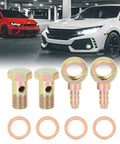 Two Sets 16mm Banjo Hose Barb Bolt Fitting with bronze washers and copper spacers for motorcycle and car, 4 pieces on asphalt