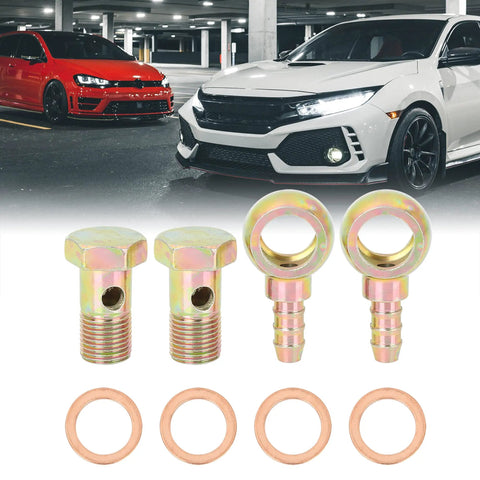 Two Sets 16mm Banjo Hose Barb Bolt Fitting with bronze washers and copper spacers for motorcycle and car, 4 pieces on asphalt