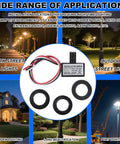 Dusk To Dawn Auto On Off Outdoor Lighting Sensor Switch, 105V-130V AC Photocell with installation accessories shown and applications