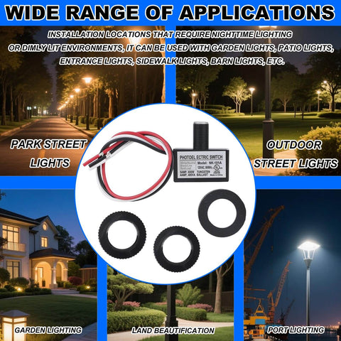 Dusk To Dawn Auto On Off Outdoor Lighting Sensor Switch, 105V-130V AC Photocell with installation accessories shown and applications