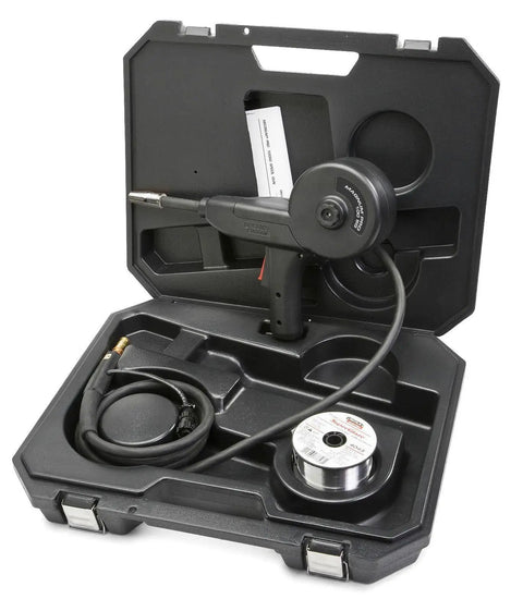 Magnum Pro 100SG Spool Gun For Aluminum MIG Welding with 10 ft cable in carrying case, ergonomic and balanced design.