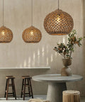 Room with One Light Rattan Woven Pendant Light Fixture With Handwoven Lampshade Handmade Ceiling Chandelier In Farmhouse Style