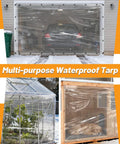 Heavy Duty 6.6 By 13 Ft Clear Tarp Waterproof With Grommets covering car, greenhouse, and kennel in snow.