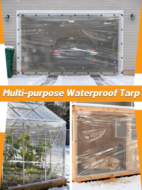 Heavy Duty 6.6 By 13 Ft Clear Tarp Waterproof With Grommets covering car, greenhouse, and kennel in snow.