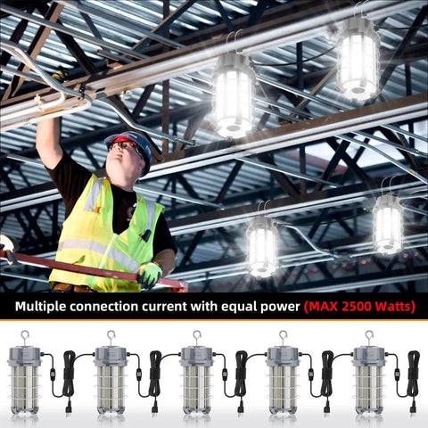 Worker installing Super Bright 250W LED Temporary Work Light With 37500 Lumens 5000K Cool White Stainless Steel Shield And Heavy Duty Hook