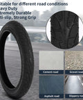 Kids 14 Inch Bike Tire and Inner Tube Set Heavy Duty 14x1.75 47 254 Tire with tread detail and road types shown
